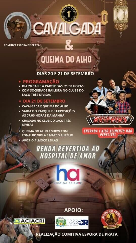 Imagem de compartilhamento para o artigo 1ª Cavalgada & Queima do Alho em Costa Rica em prol do Hospital de Amor terá baile com Sociedade Baileira neste sábado da MS Todo dia